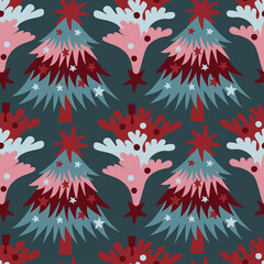Christmas pine trees seamless pattern on greyish bue background.