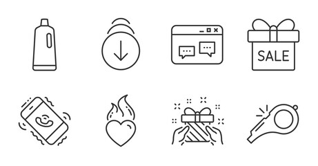 Sale offer, Whistle and Scroll down line icons set. Call center, Gift and Heart flame signs. Browser window, Shampoo symbols. Gift box, Kick-off, Swipe screen. Quality line icons. Vector