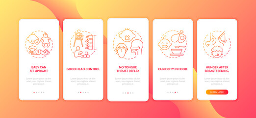 Introducing baby food requirements onboarding mobile app page screen with concepts. Curiosity in food walkthrough 5 steps graphic instructions. UI vector template with RGB color illustrations