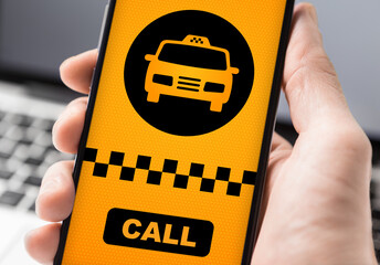Woman holding smartphone with taxi app interface