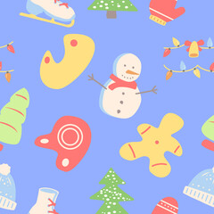 Merry Christmas abstract seamless pattern. Geometric flat vector shapes. Winter seasonal greeting. Wintertime texture with cartoon color icons. Decorative boho design with graphic elements