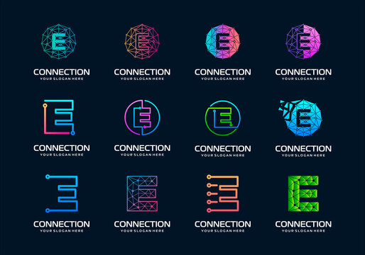 set of creative letter E Modern Digital Technology Logo Design. The logo can be used for technology, digital, connection, electric company.