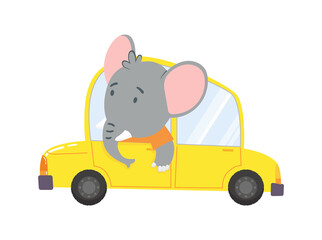 Colored kids transport with cute little elephant. Animal driving car. Cartoon animal driver, pets vehicle and happy in funny car. Transportation animal character travel in car