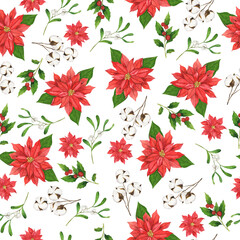 Seamless pattern with red poinsettia flowers, mistletoe, cotton branches and holly leaf on white background. Hand drawn watercolor illustration. - 396785952