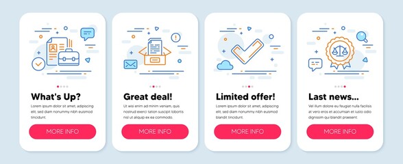 Set of Education icons, such as Vacancy, Documents box, Tick symbols. Mobile screen app banners. Justice scales line icons. Hiring job, Bureaucracy, Confirm check. Judgement medal. Vector