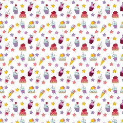 Seamless vector pattern of sweets, cupcakes and cake with coffee