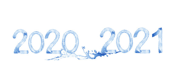 2021, Happy New Year 2021 water splash isolated on white background, water