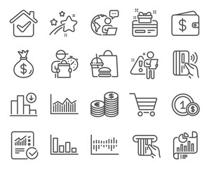 Fototapeta premium Finance icons set. Included icon as Report document, Usd coins, Loyalty card signs. Decreasing graph, Currency, Money bag symbols. Column diagram, Dollar wallet, Contactless payment. Vector