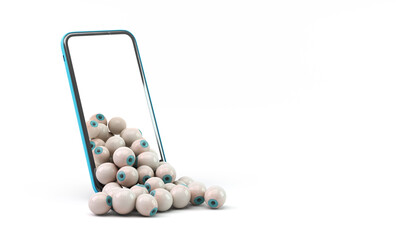 views monetization concept  successful blog eyes fall out of the phone screen 3d render on white