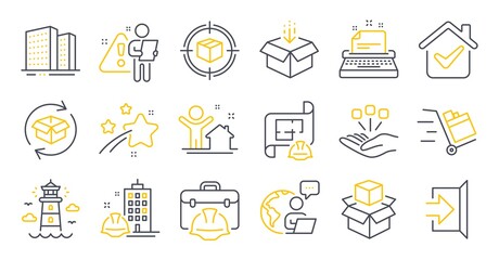 Set of Industrial icons, such as Packing boxes, Typewriter, Construction building symbols. Buildings, Get box, Consolidation signs. Lighthouse, Return parcel, Engineering plan. Exit. Vector