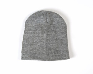 gray woll beanie, winter beanie hat. beanie hat isolate white background. Blank Beanie Hat Mockup with Free Space for Your Design on a white background. Head cover suitable for winter.