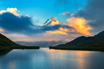 Scenic view on Bernese range above Bachalpsee lake. Popular tourist attraction. Location place...