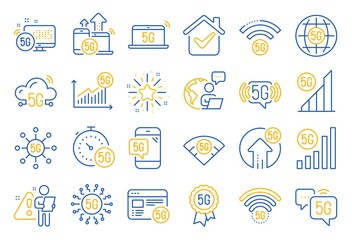 5G technology line icons. Mobile network, fast internet, phone connection. Hotspot signal, mobile telecommunications, wifi internet icons. 5G cellular network technology. Line icon set. Vector