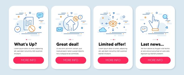Set of Business icons, such as Parcel delivery, Loan percent, Wrong file symbols. Mobile app mockup banners. Click hand line icons. Logistics service, Growth rate, Page paper. Direction finger. Vector