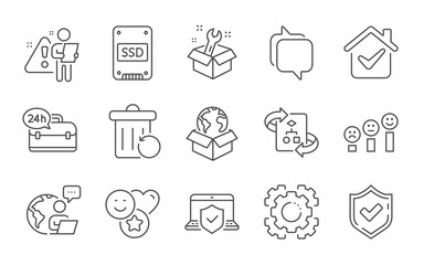 Seo gear, Technical algorithm and Spanner line icons set. Laptop insurance, Customer satisfaction and Recovery trash signs. Confirmed, Ssd and Delivery service symbols. Line icons set. Vector