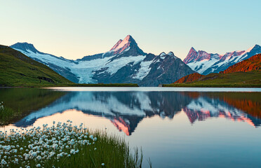 Scenic view on Bernese range above Bachalpsee lake. Popular tourist attraction. Location place...