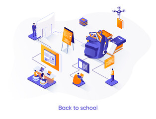 Back to school isometric web banner. Elementary and high school education isometry concept. Distance education class 3d scene, online learning flat design. Vector illustration with people characters.