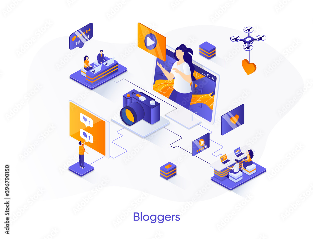 Poster bloggers isometric web banner. content production for social media isometry concept. online video st