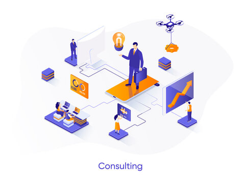 Consulting Isometric Web Banner. Competent Business Expertise And Law Assistance Isometry Concept. Financial Audit, Accounting Services 3d Scene Design. Vector Illustration With People Characters.