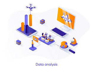 Data analysis isometric web banner. Financial data analysis isometry concept. Information collect and research 3d scene, data engineering flat design. Vector illustration with people characters.