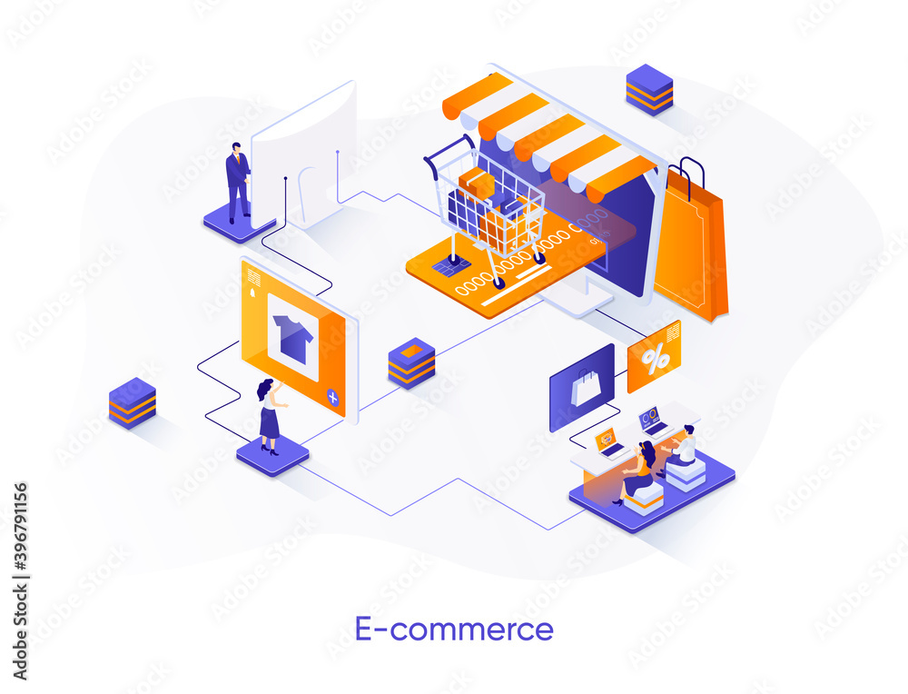 Poster e-commerce isometric web banner. online shopping platform isometry concept. customer support 3d scen