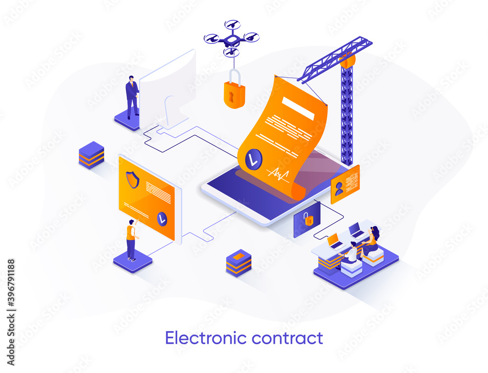 Leinwandbilder Electronic contract isometric web banner. Online sign contract or documents technology isometry concept. Digital signature business solution 3d scene design. Vector illustration with people characters