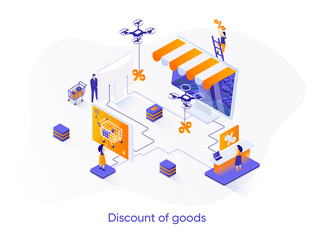 Discount of goods isometric web banner. Seasonal discounting and online shopping isometry concept. Retail advertising 3d scene, sales proposition design. Vector illustration with people characters.