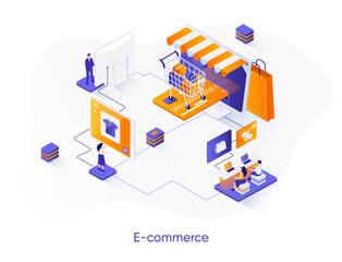 E-commerce isometric web banner. Online shopping platform isometry concept. Customer support 3d scene, purchase order and delivery service flat design. Vector illustration with people characters.