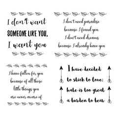 Set of vector quotes about love and Romantic feeling. Design elements for Valentine's day