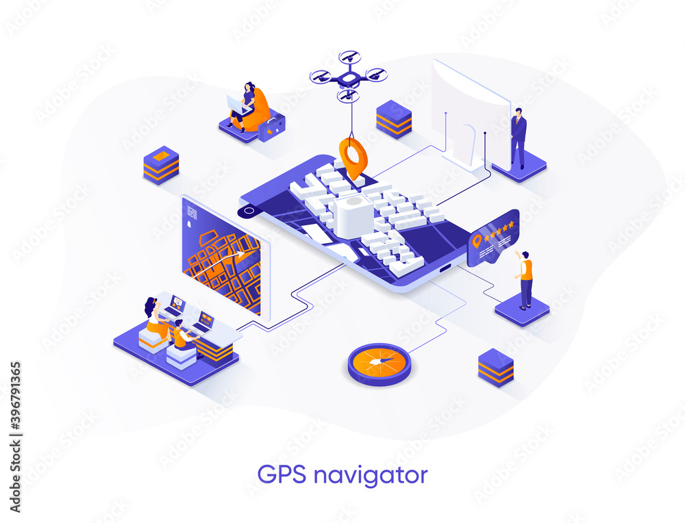 Leinwandbilder gps navigator isometric web banner. geolocation and navigation system isometry concept. route planni