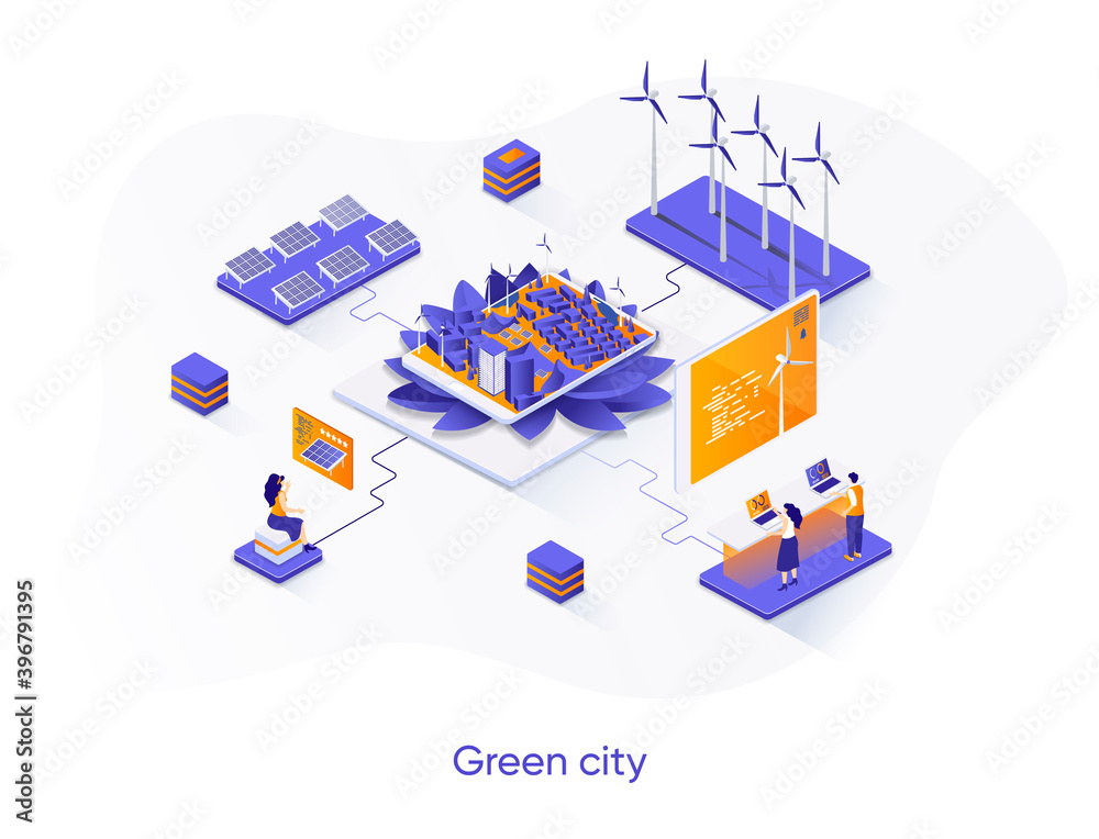 Aufkleber green city isometric web banner. alternative power generation isometry concept. solar battery and wi