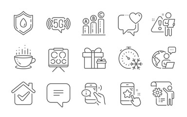 Blood donation, Call center and Graph chart line icons set. Vision board, Settings blueprint and Freezing timer signs. Text message, 5g wifi and Surprise package symbols. Line icons set. Vector