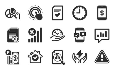 Click hand, Checked file and Pie chart icons simple set. Financial documents, 5g wifi and Time signs. Smartphone payment, Phone survey and Safe time symbols. Flat icons set. Vector
