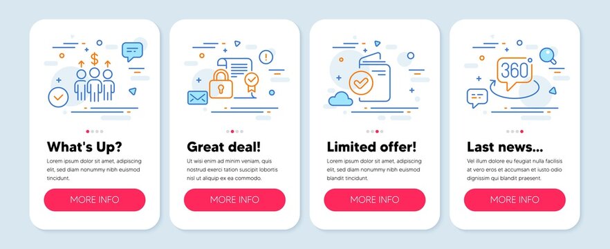 Set of Business icons, such as Meeting, Verification document, Security contract symbols. Mobile screen banners. 360 degree line icons. Business collaboration, Approved passport, Private lock. Vector