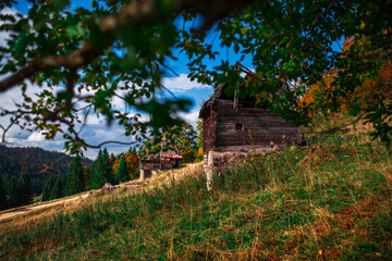 Old Bosnian traditional houses in autumn forest colors