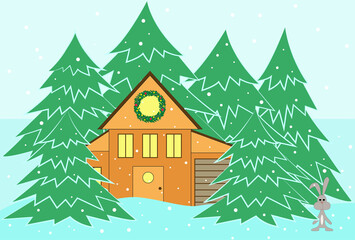 House surrounded by trees in winter. Christmas Eve vector. House in the forest.