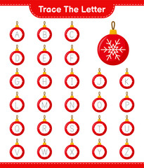 Trace the letter. Tracing letter alphabet with Christmas Balls. Educational children game, printable worksheet, vector illustration