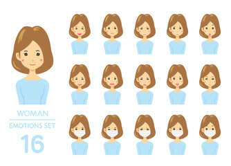女性の表情イラスト16点セット