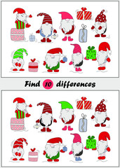 Cute cartoon gnomes. Find 10 differences. Development of logic and care for children. Education for children. Vector illustration isolated on white background.