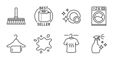 Clean towel, Toilet paper and Clean dishes line icons set. Dry t-shirt, Dirty spot and Washing cleanser signs. Washing machine, Cleaning mop symbols. Quality line icons. Clean towel badge. Vector