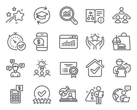 Education icons set. Included icon as Calculator, Phone payment, Fast verification signs. Business idea, Data analysis, Website statistics symbols. Certificate, Rating stars, Ranking. Vector