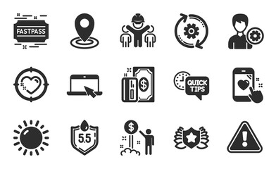 Fototapeta premium Ph neutral, Fastpass and Location icons simple set. Sunny weather, Laureate and Income money signs. Support, Quick tips and Portable computer symbols. Flat icons set. Vector