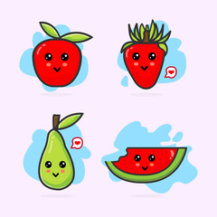 Fruit Cute strawberry, apple, watermelon and avocado illustration.