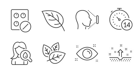 Medical tablet, Face id and Moisturizing cream line icons set. Leaf, Quarantine and Clean skin signs. Organic tested, Health eye symbols. Medicine pill, Identification system, Face lotion. Vector