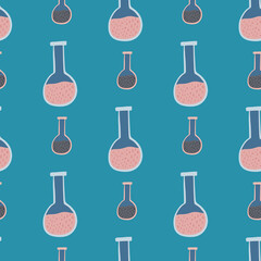 Pink cartoon seamless pattern with flask element. Turquoise background. Laboratory college print.