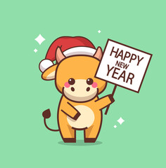 little ox in santa hat holding happy new year banner 2021 greeting card cute cow mascot cartoon character full length vector illustration