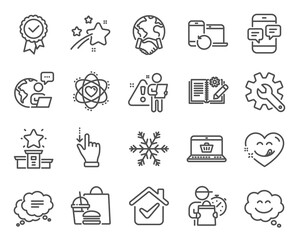 Technology icons set. Included icon as Air conditioning, Winner podium, Tested stamp signs. Global business, Phone messages, Recovery devices symbols. Atom, Customisation, Smile chat. Vector