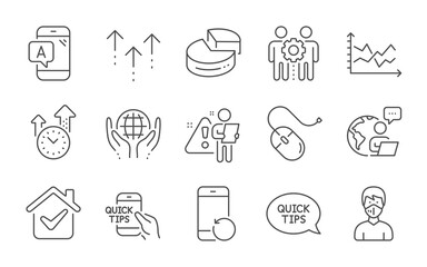 Swipe up, Education and Employees teamwork line icons set. Recovery phone, Medical mask and Organic tested signs. Diagram chart, Computer mouse and Pie chart symbols. Line icons set. Vector