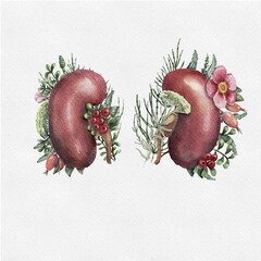 Human kidneys with flowers isolated on white background. Renal system watercolor illustration. Health care