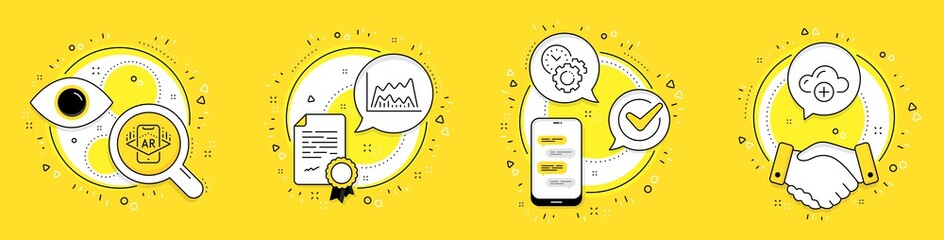 Trade chart, Time management and Augmented reality line icons set. Licence, cell phone and deal vector icons. Cloud computing sign. Market data, Settings, Phone simulation. Web storage. Vector